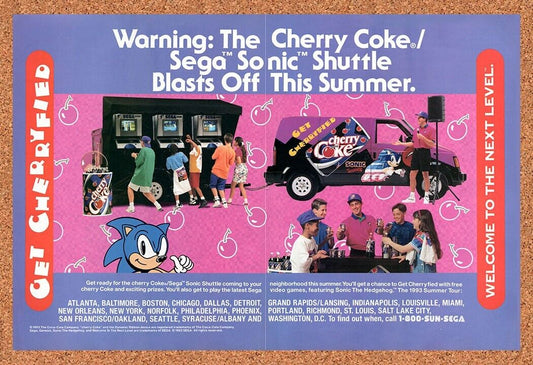 Sonic Genesis Original 1992 Vintage Ad - Cherry Coke Video Game Truck Promo