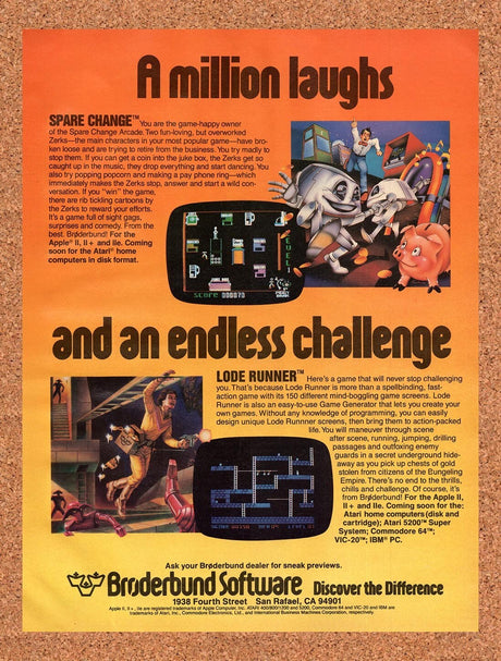 1983 Broderbund Spare Change Commodore 64 Games Original Ad / Retro Wall Art v2