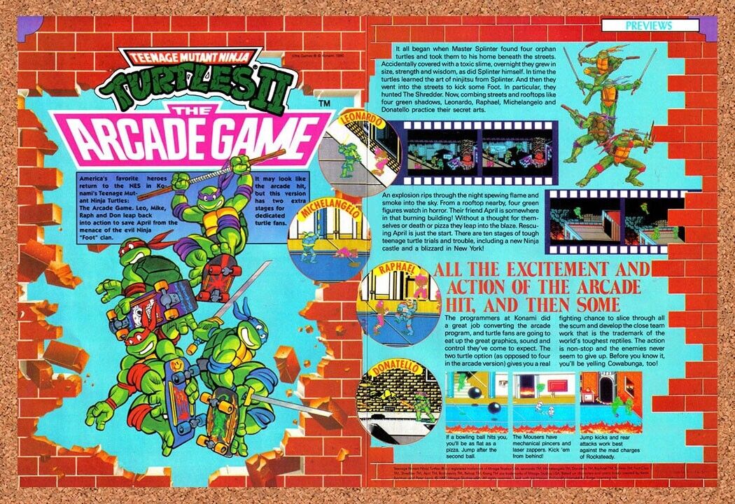 TMNT 2 The Arcade Game NES Original 1991 Vintage Ad - Video Game Review Promo