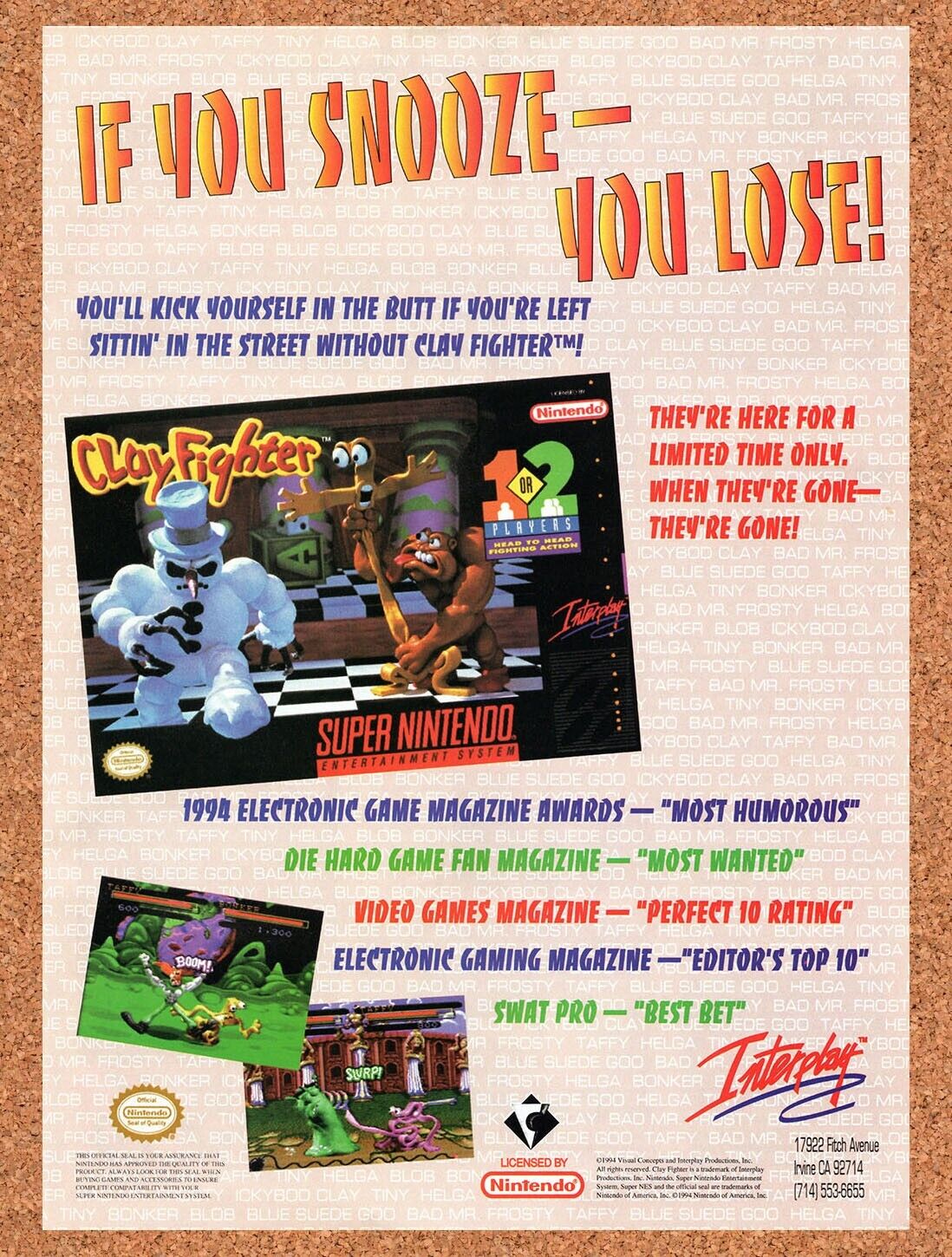 1993 ClayFighter SNES Original Advertisement / Retro Wall Art v4