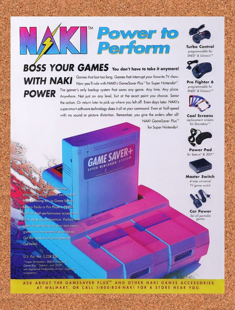 1995 Naki SNES Game Saver Original Advertisement / Retro Wall Art v3