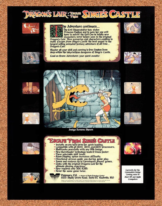 Dragon's Lair Escape From Singes Castle Amiga Original 1989 Vintage Ad