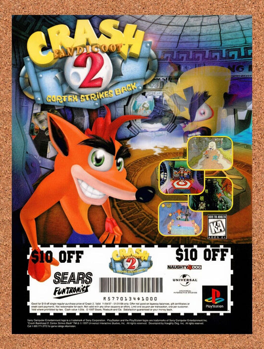1996 Crash Bandicoot 2 Cortex Strikes Sears Funtronics Rebate Original Ad v4