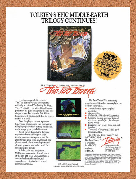 1991 Lord Of The Rings The Two Towers MS-DOS Original Ad / Retro Wall Art v1