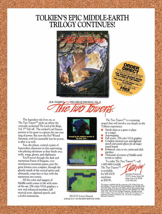 1990 Lord Of The Rings The Two Towers MS-DOS Original Ad / Retro Wall Art v1