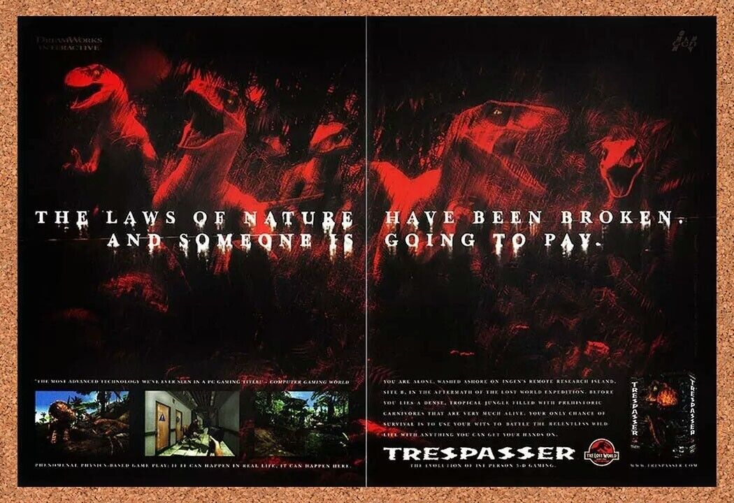 Jurassic Park Trespasser PC 1999 Ad Authentic Survival Horror Video Game Promo