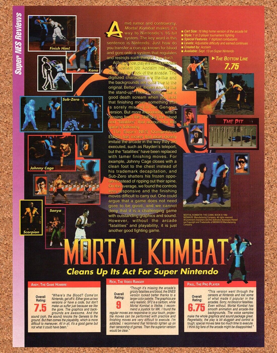 1992 Mortal Kombat SNES Original Advertisement / Retro Wall Art v10