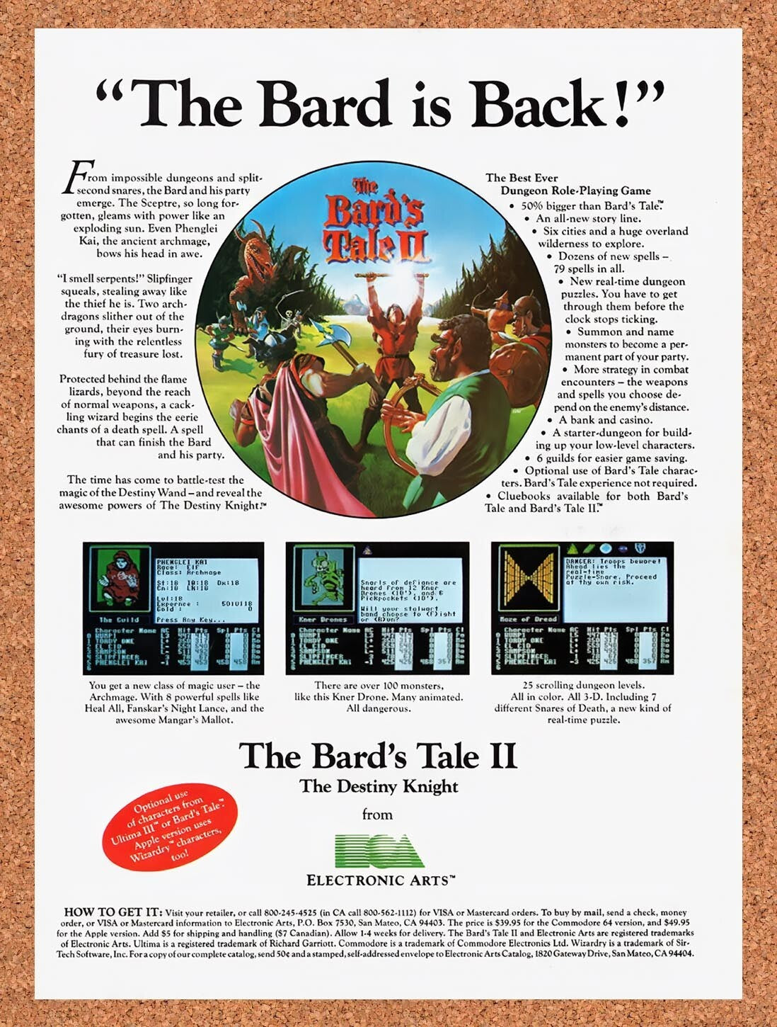 1987 Bards Tale 2 The Destiny Knight Apple II Original Ad / Retro Wall Art v1