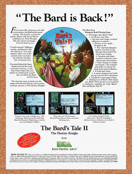 1987 Bards Tale 2 The Destiny Knight Apple II Original Ad / Retro Wall Art v1