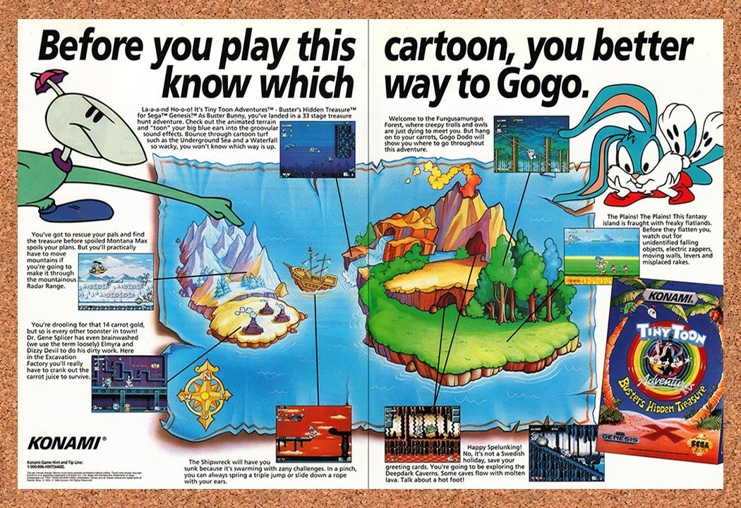 1993 Tiny Toon Adventures Busters Hidden Treasure Genesis Original Ad / Promo v1