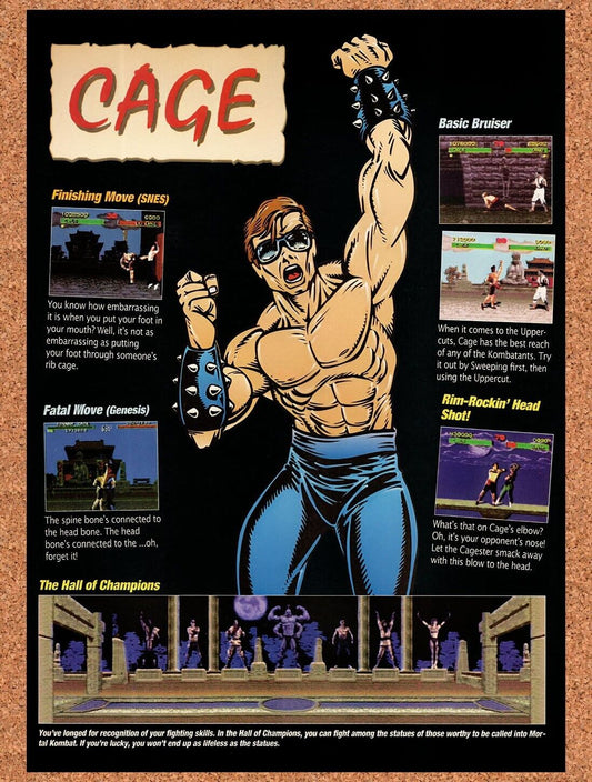 1992 Mortal Kombat Johnny Cage Profile Original Ad / Retro Wall Art v22