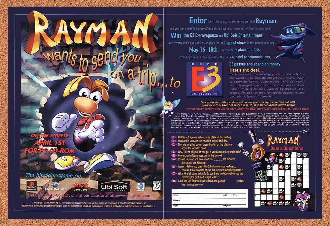 1996 Rayman E3 Expo Sweepstakes Original Advertisement / Retro Wall Art v9