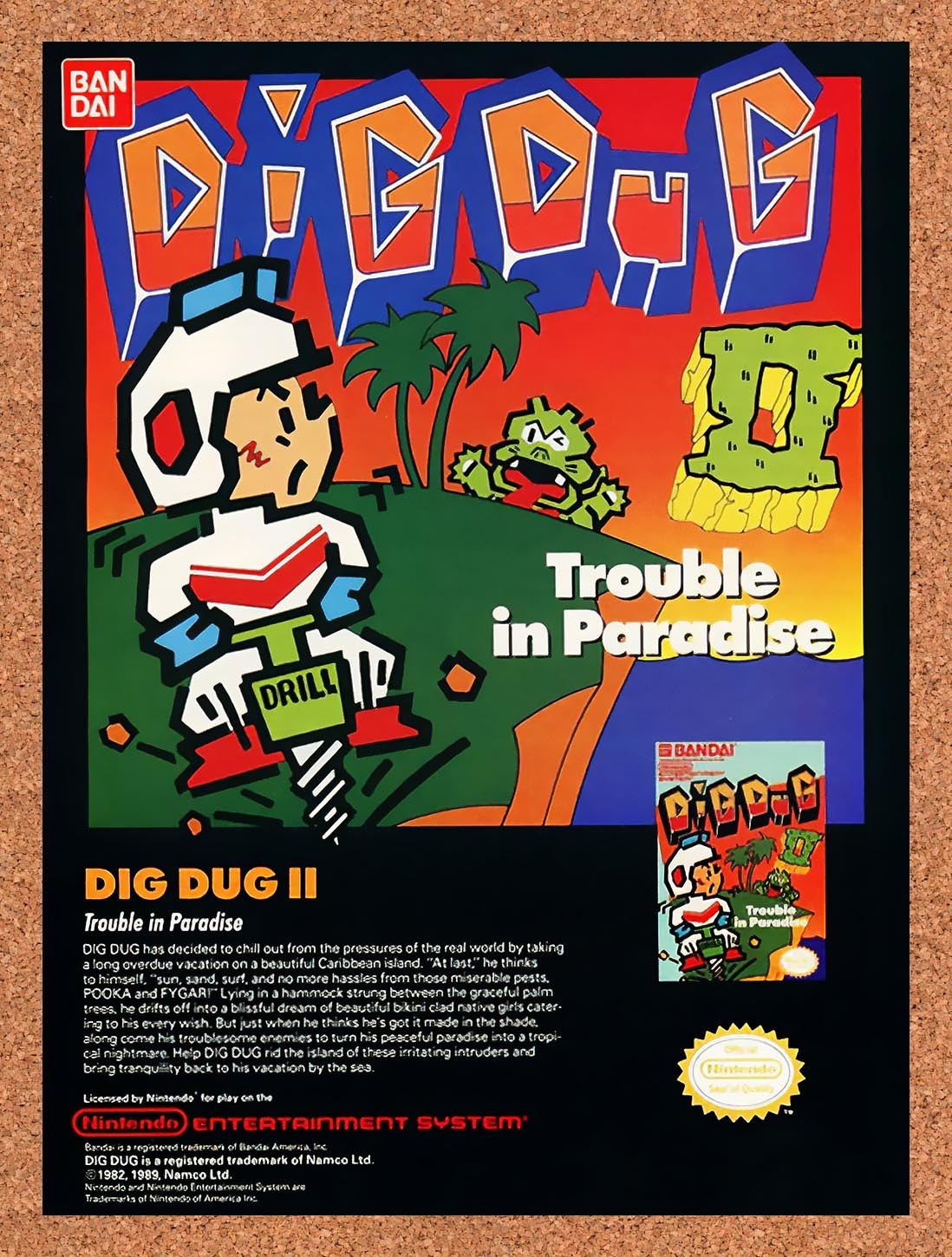 1989 Dig Dug II NES Original Advertisement / Retro Promo v1