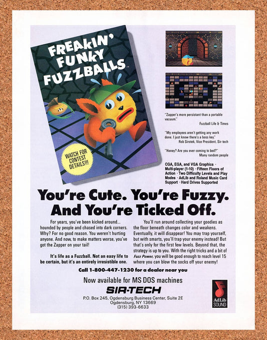1989 Freaky Funky Fuzzballs MS-DOS Original Advertisement / Retro Wall Art v1