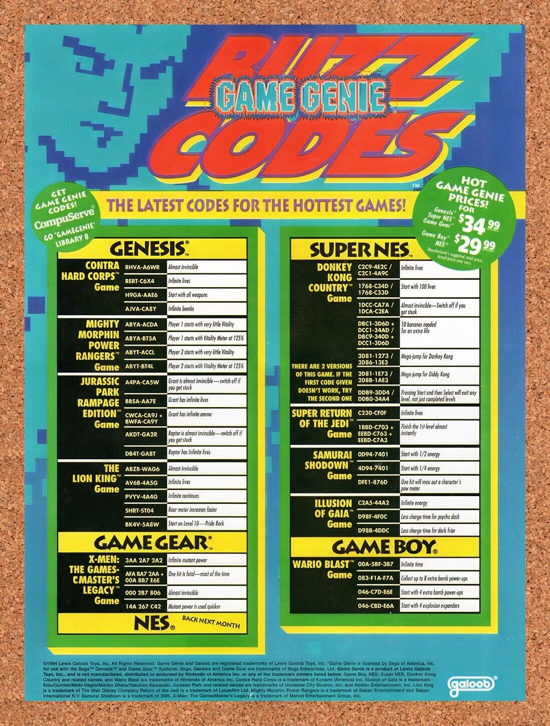 1995 Game Genie Buzz Codes Original Advertisement / Retro Wall Art v6
