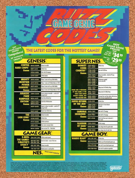 1995 Game Genie Buzz Codes Original Advertisement / Retro Wall Art v6