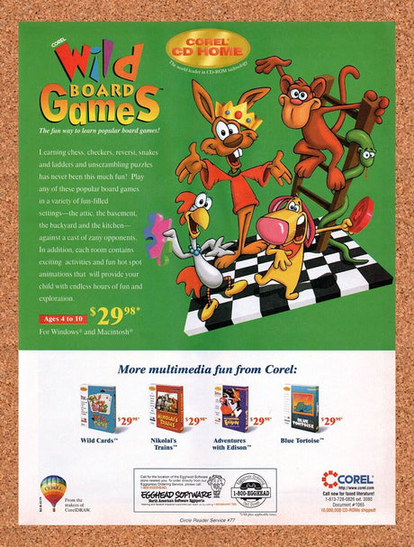 Corel Wild Board Games PC Original 1995 Vintage Ad - Video Game Promo