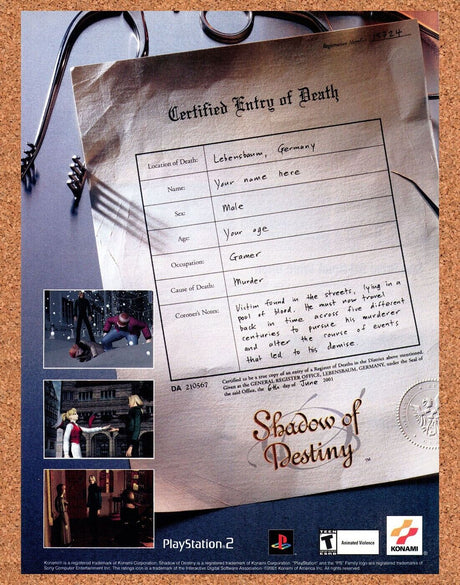 Shadow Of Destiny PS2 Original 2003 Print Ad Authentic Konami Video Game Promo
