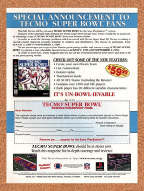 1996 Tecmo Super Bowl PS1 Reservation Original Advertisement / Retro Promo v2