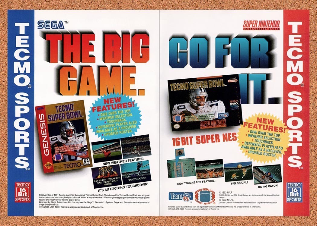 1994 Tecmo Sports Tecmo Super Bowl Original Advertisement / Retro Promo v1