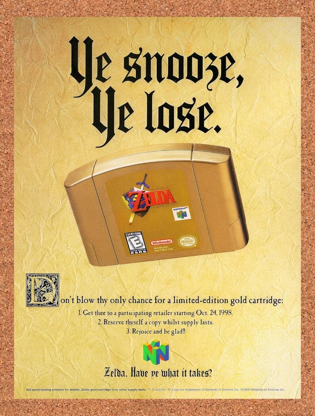1998 Zelda Ocarina Of Time N64 Original Advertisement / Retro Promo v1