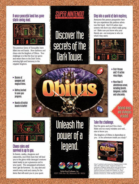 1994 Obitus SNES Original Advertisement / Retro Wall Art v1