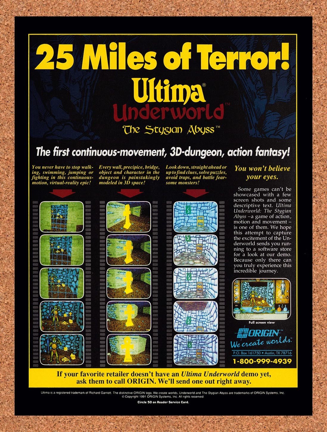1992 Ultima Underworld The Stygian Abyss MS-DOS Original Ad / Promo v1