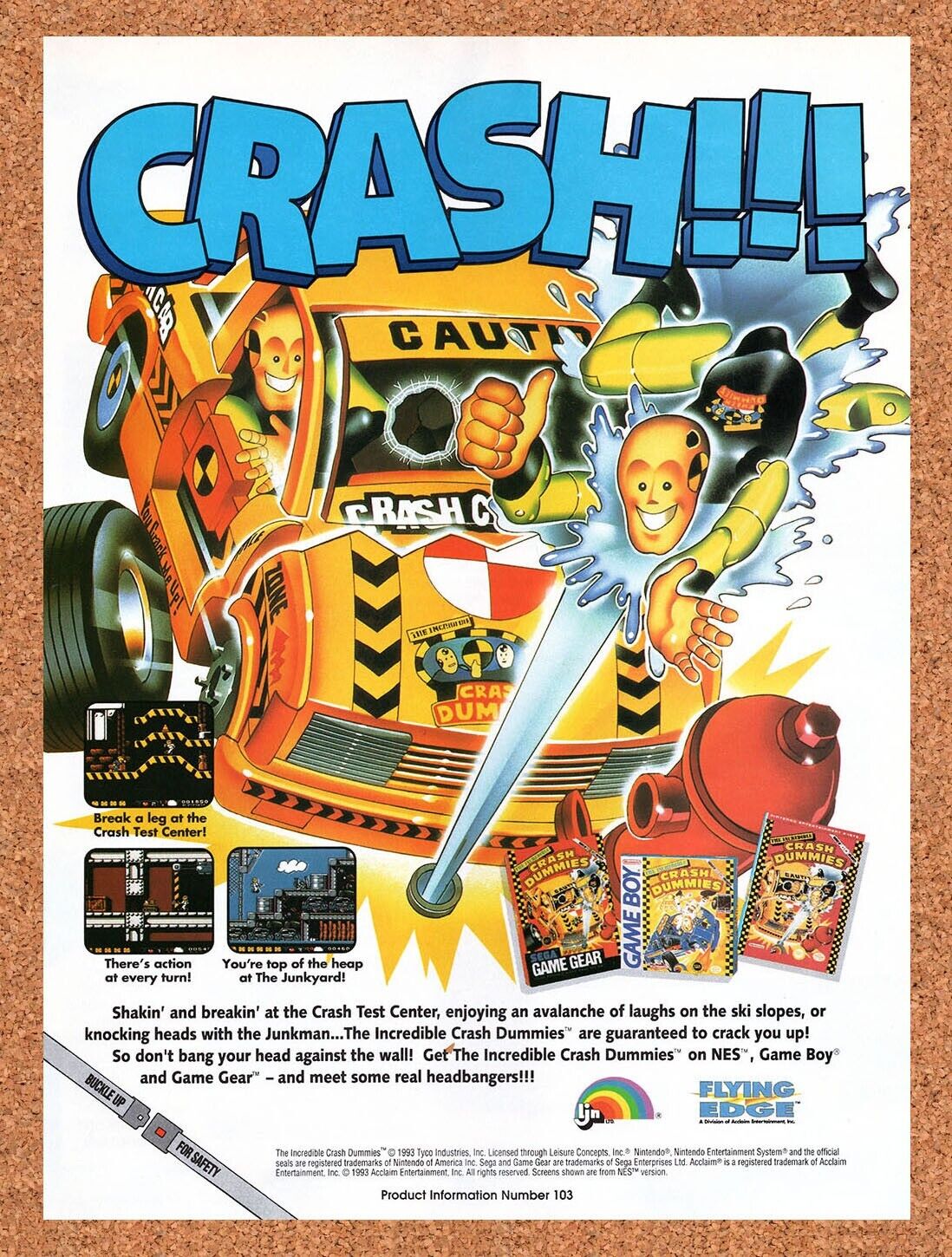 1992 Crash Test Dummies Game Boy Original Advertisement / Retro Wall Art v1