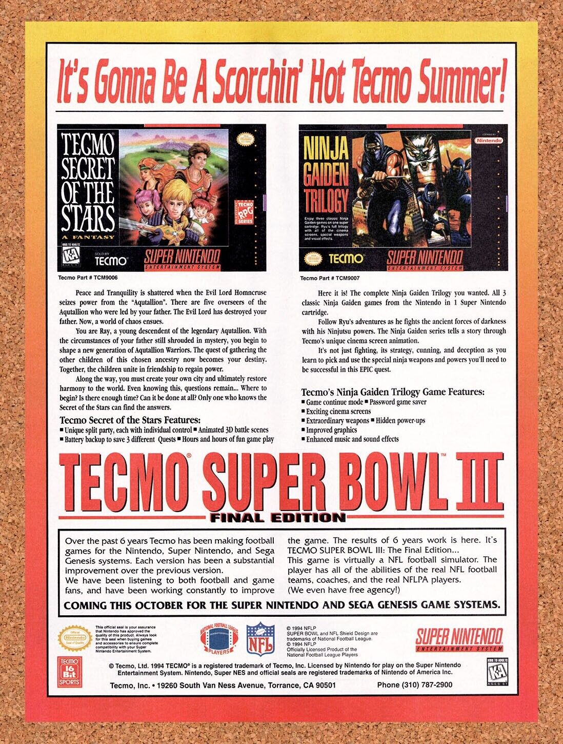 1994 Tecmo SNES Games Ninja Gaiden Trilogy Original Ad / Retro Wall Art v1
