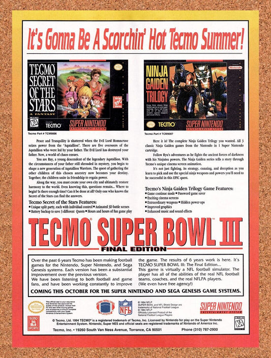 1994 Tecmo SNES Games Ninja Gaiden Trilogy Original Ad / Retro Wall Art v1