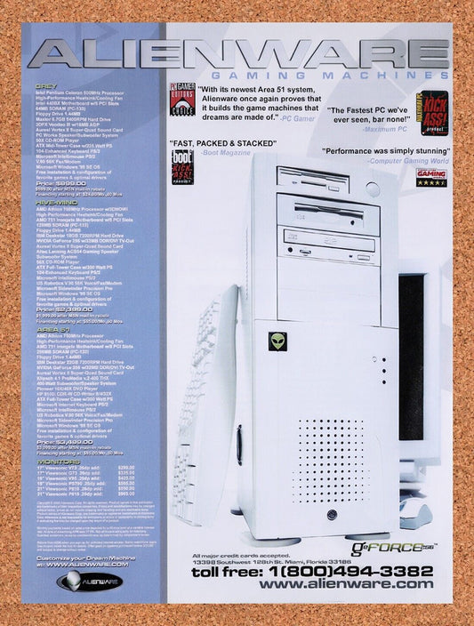 1999 Alienware Gaming Machines Original Advertisement / Retro Wall Art v31
