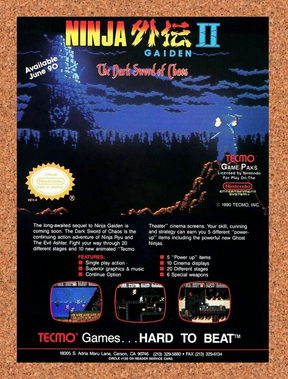 Ninja Gaiden 2 NES II Original 1991 Ad Authentic Nintendo Video Game Promo v2