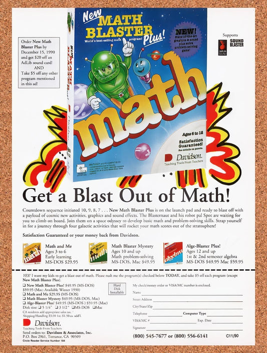 1989 Math Blaster Plus MS-DOS Original Advertisement / Retro Wall Art v1