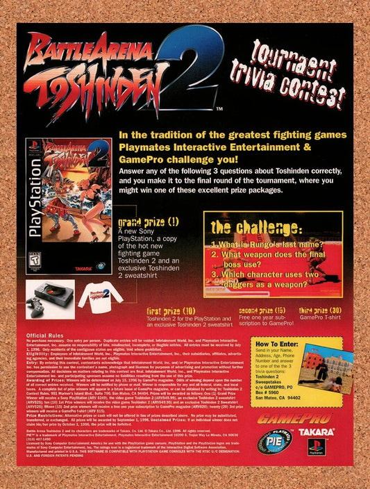 1995 Battle Arena Toshinden 2 Tournament Trivia Contest Original Ad v2