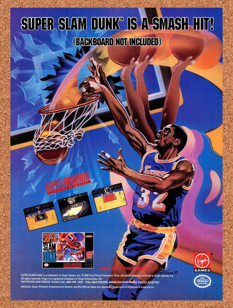 1992 Super Slam Dunk SNES Original Advertisement / Retro Promo v1
