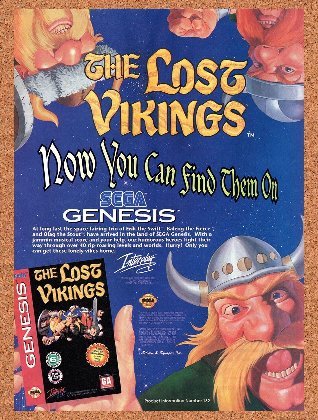 1993 Lost Vikings Genesis Original Advertisement / Retro Wall Art v3