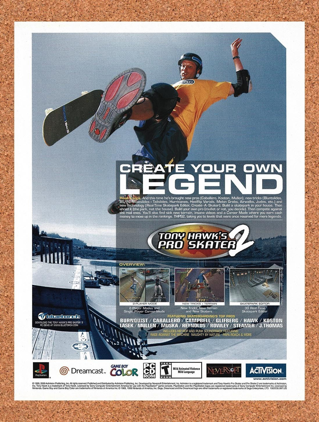 2000 Tony Hawk's Pro Skater 2 PS1 Original Advertisement / Retro Promo v2