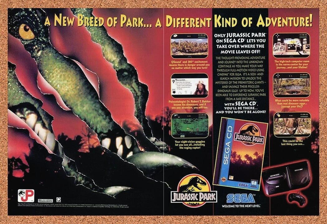 Jurassic Park Sega CD Original 1992 Ad Authentic Movie Video Game Promo