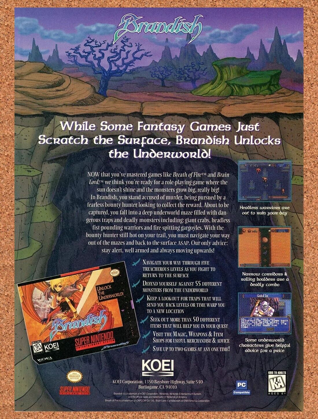 Brandish SNES Original 1992 Ad Authentic Nintendo RPG Video Game Promo