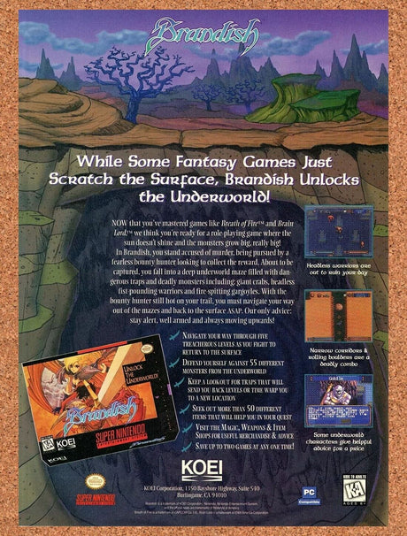 Brandish SNES Original 1992 Ad Authentic Nintendo RPG Video Game Promo