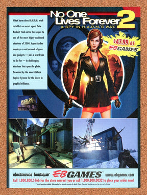 2002 No One Lives Forever 2 A Spy In HARMS Way EB Games Original Ad / Promo v2