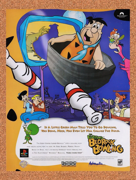 1999 Flintstones Bedrock Bowling PS1 Original Advertisement / Retro Wall Art v1