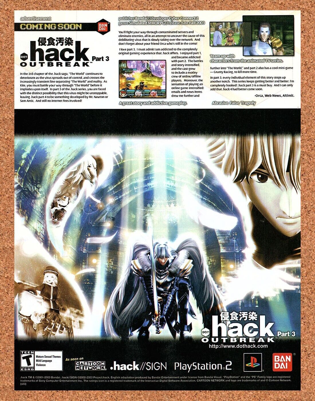 Dot Hack Outbreak Part 3 PS2 Original 2002 Ad Authentic Video Game Art Promo