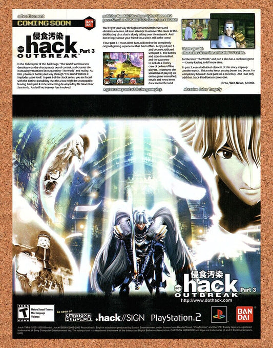Dot Hack Outbreak Part 3 PS2 Original 2002 Ad Authentic Video Game Art Promo