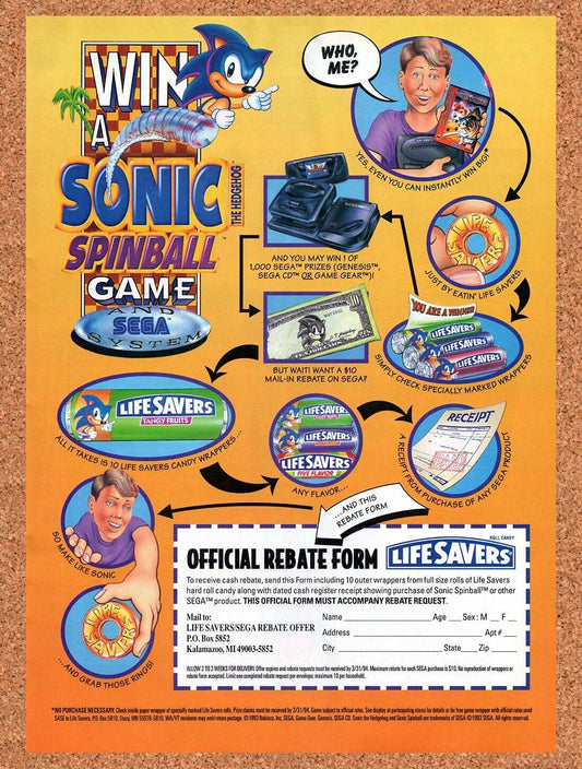 1992 Sonic Spinball Life Savers Rebate Original Advertisement / Retro Wall Art