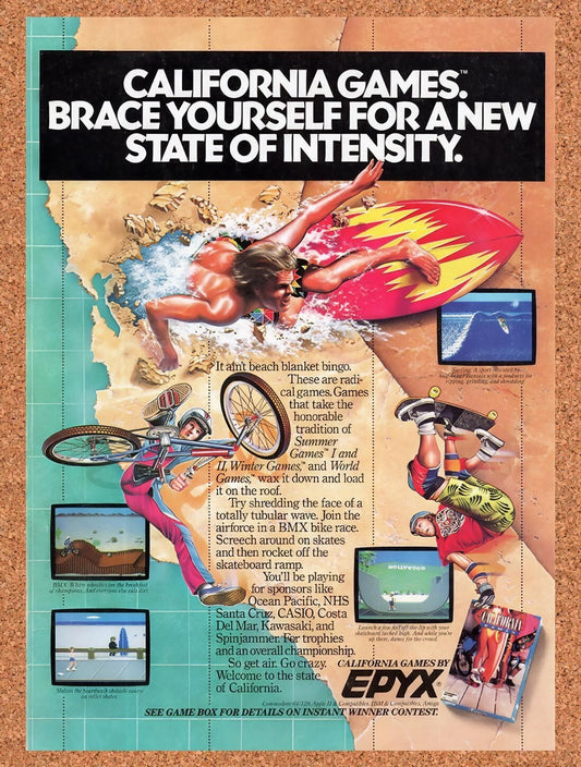 1987 California Games Commodore-64 Original Advertisement / Retro Wall Art v1