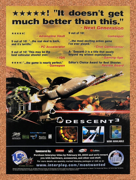 1999 Descent 3 PC Original Advertisement / Retro Wall Art v6