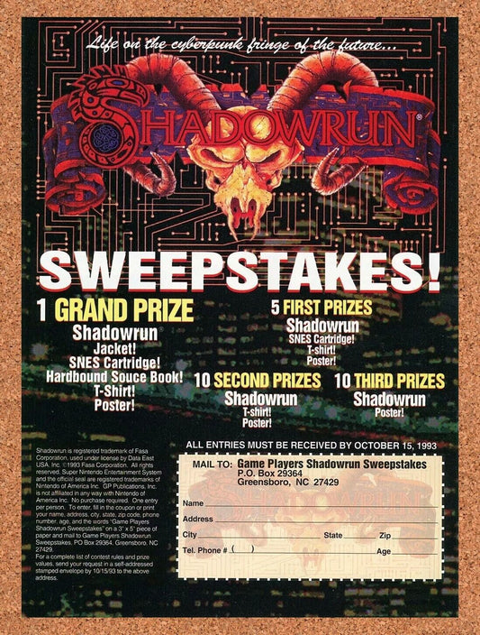 Shadowrun SNES Sweepstakes Original 1993 Ad Authentic Nintendo Game Promo