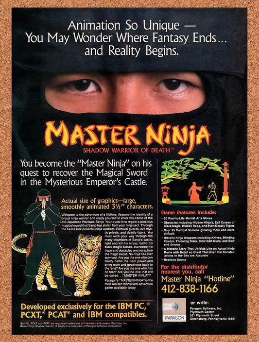 1986 Master Ninja Shadow Warrior Of Death IBM Original Ad / Retro Wall Art v1