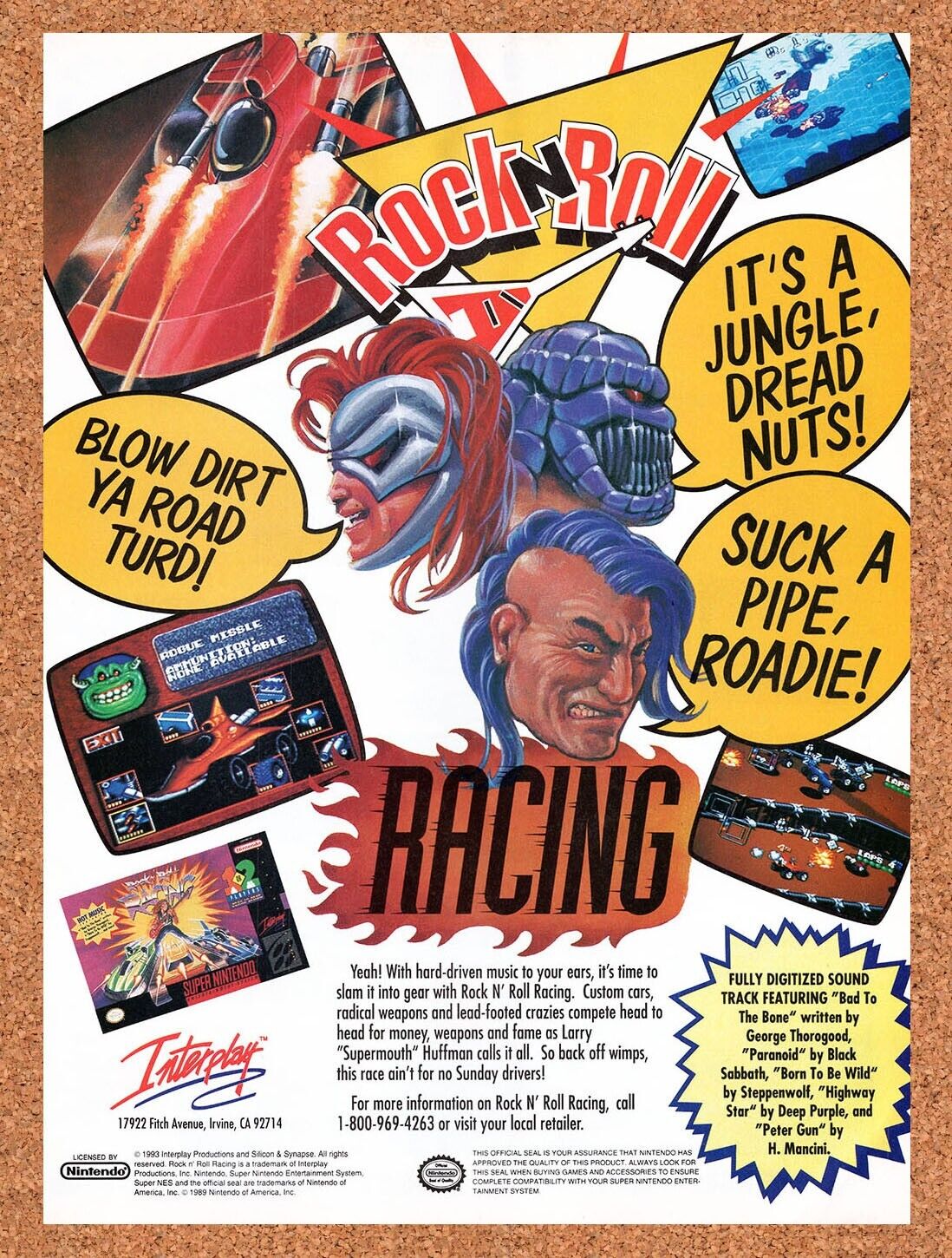 1992 Rock N Roll Racing SNES Original Advertisement / Retro Wall Art v4